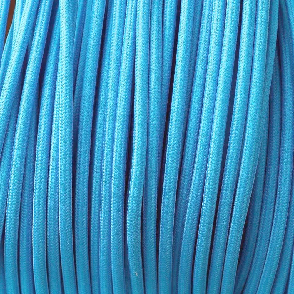 Blue vintage braided fabric cable, 3‑core round, 7 mm diameter, flexible and ready for rewiring old lamps.
