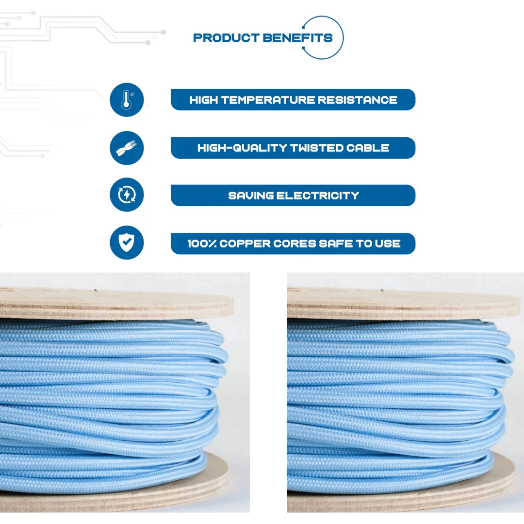 Blue fabric lighting flex cable, round design, triple core with double PVC insulation.