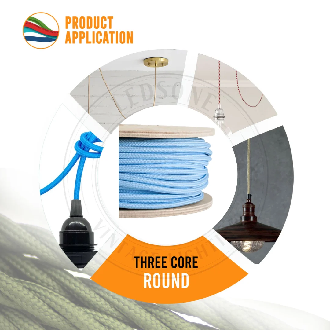 Blue 3-core braided cable, antique style lighting cable, flexible round design with double PVC insulation