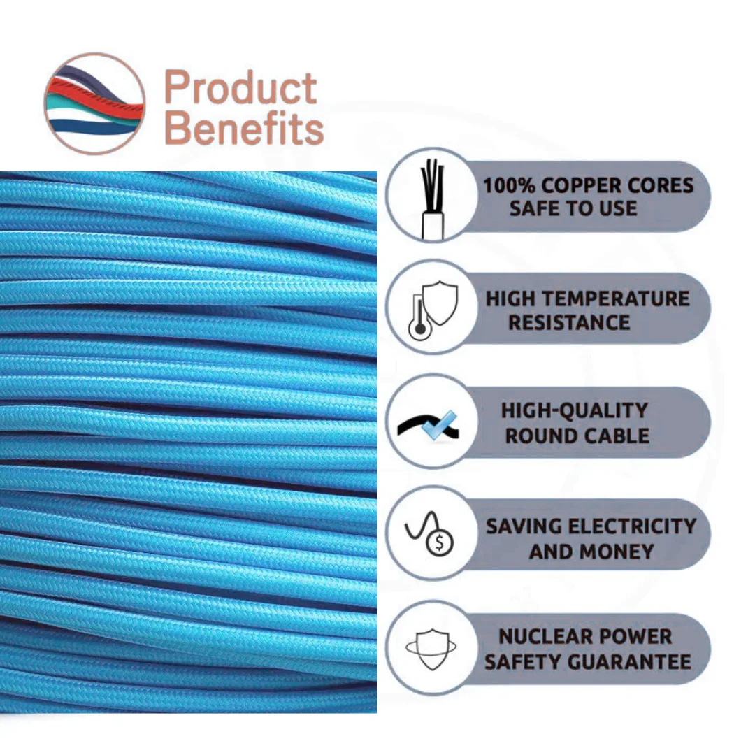 Blue braided fabric lighting cable, 3-core round, 7 mm diameter, double PVC insulated, meets British Standards