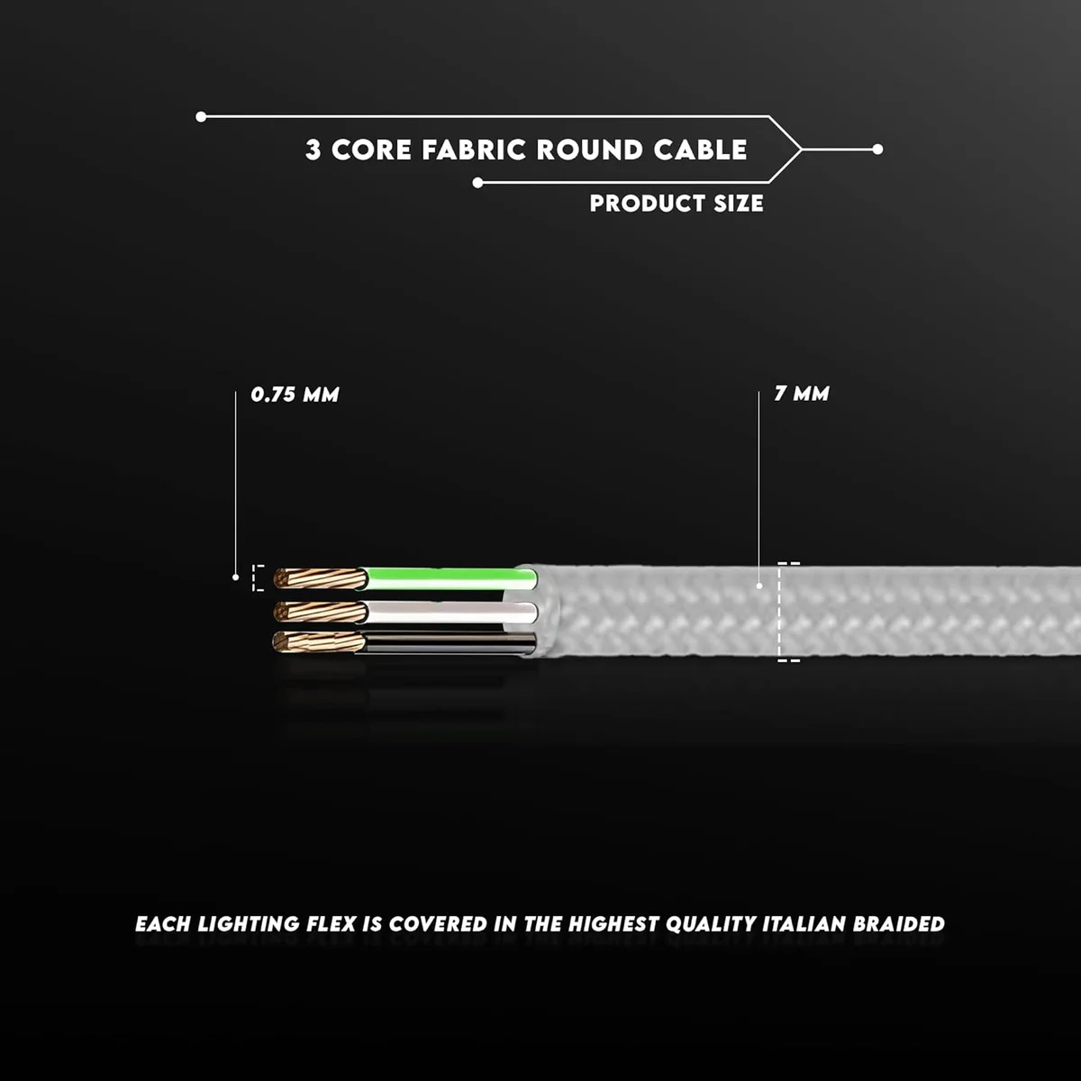 3‑core round blue cable, vintage braided fabric cable coiled into a flexible bundle.