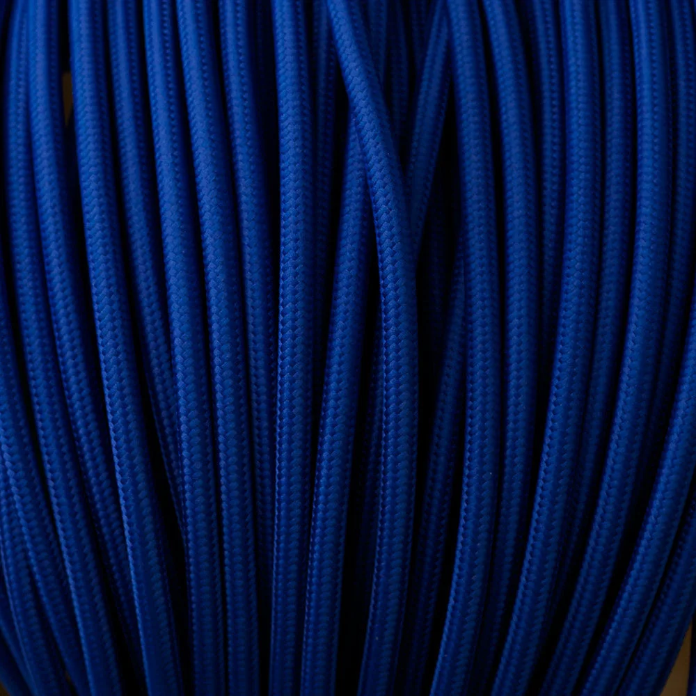 Dark blue fabric lamp cord: 3‑core round braided cable, 7mm round, 8A rating, perfect for pendant and table lamps.