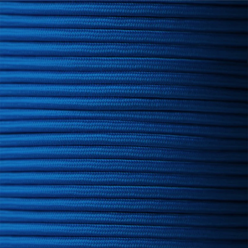 Dark blue 3‑core braided fabric electrical cord, 7 mm round, coiled for display.