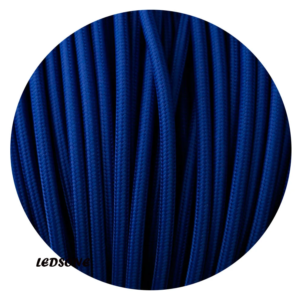 Dark blue 3‑core round lamp flex cable, 7 mm braided fabric, 8 A rated, 1.5 m length.