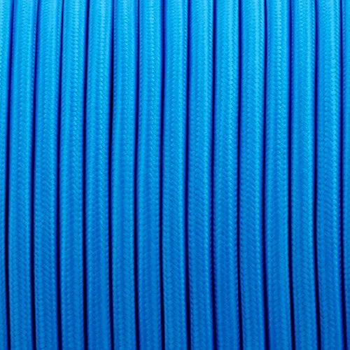 Blue 3 core round fabric cable coil on a flat white surface.