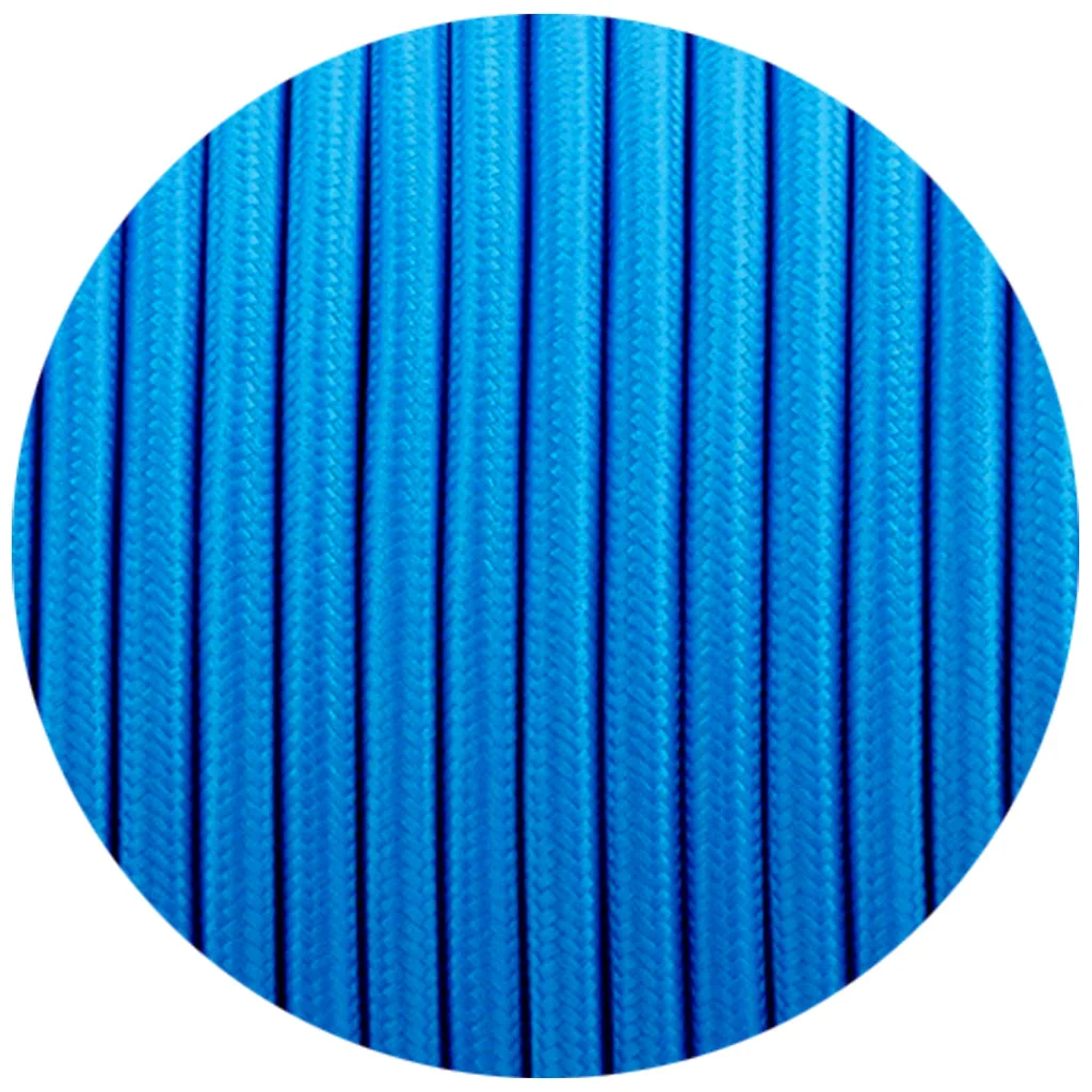 Blue electrical cable in 3‑core round braided fabric, 7 mm diameter, showing the roll and copper conductors.