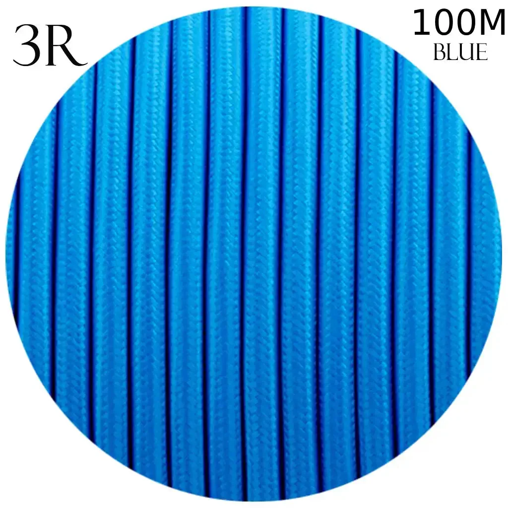 3 core fabric cable in vintage blue, round braided fabric with 0.75mm copper conductors, sold as continuous roll