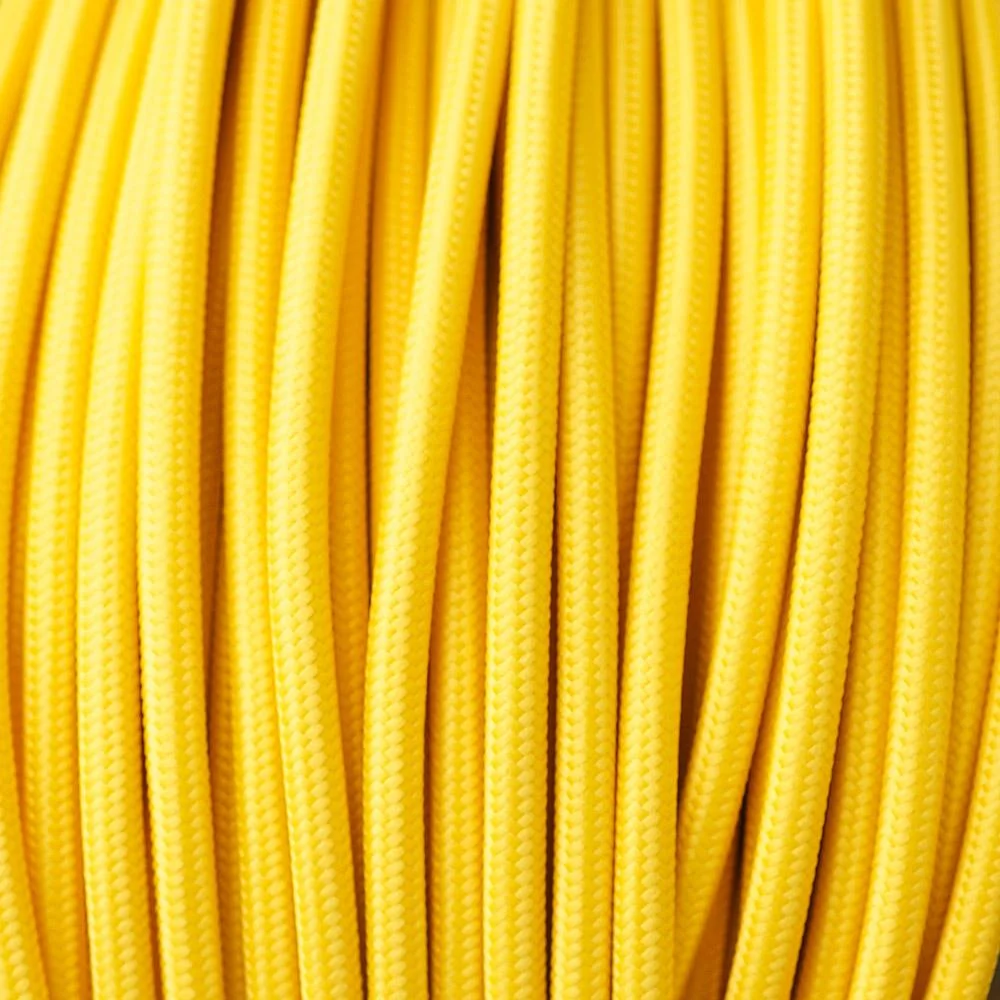 Yellow braided cable with three cores uncoiled, showing 3 core fabric lighting cable in 1m length