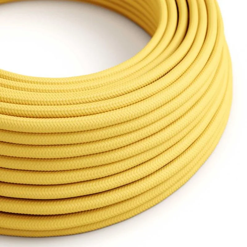 Yellow round 3 core fabric lighting cable, flexible braided design, 7mm diameter, ready for DIY installations.