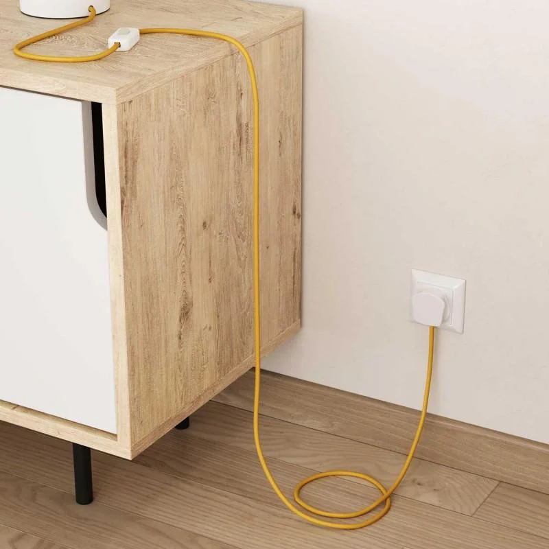 Yellow 3 core fabric lighting cable with braided design, showing flexible copper conductors, suitable for lamp wiring