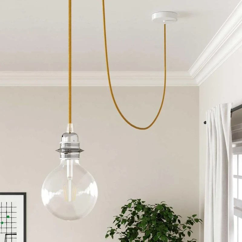 3 core fabric lighting cable in bright yellow, flexible braided round design with visible copper cores