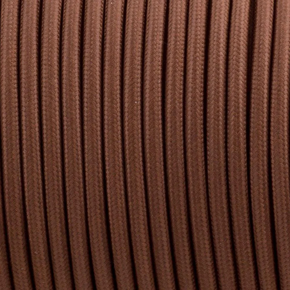 Brown round braided 3‑core vintage fabric lighting cable, flexible with fabric cover and exposed copper conductors.