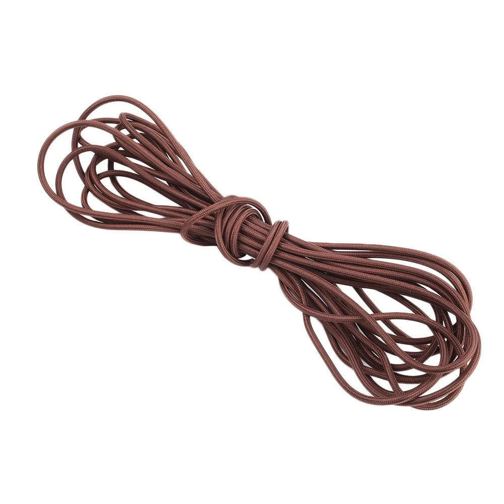 Brown round braided indoor lighting cable with flexible fabric wrap.