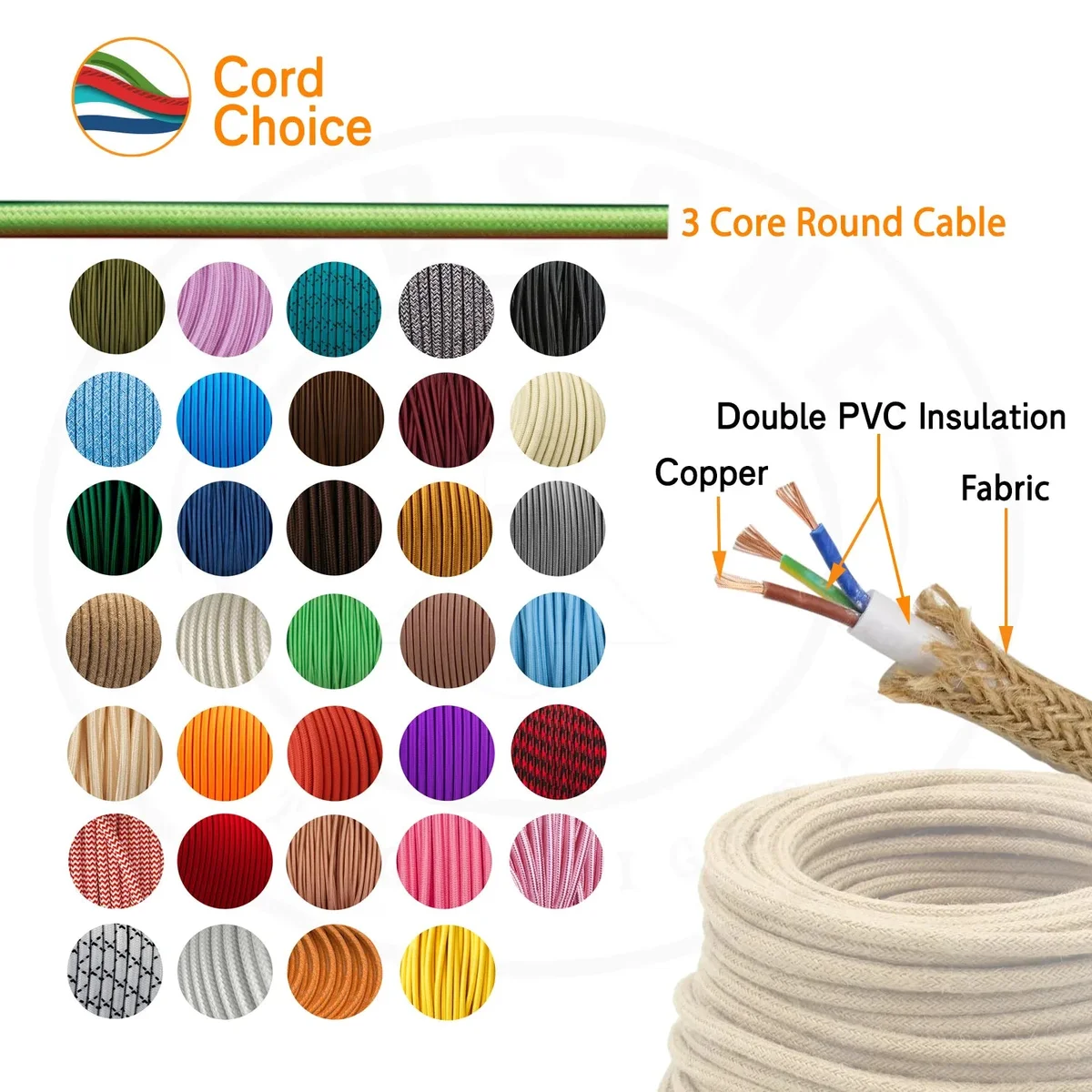Black and white braided fabric cable, round profile, 3-core, 7mm diameter, for indoor lighting projects.
