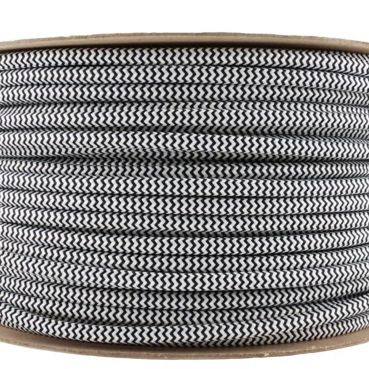 Black and white round braided flexible fabric light cable, 3‑core, available in 1 m, 5 m, 10 m lengths.