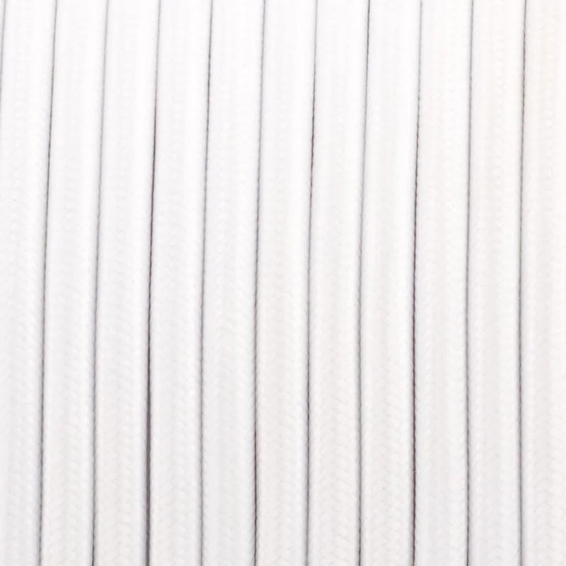 White fabric lamp cord with round braided design, 3 core, 7mm diameter, shown stretched end-to-end