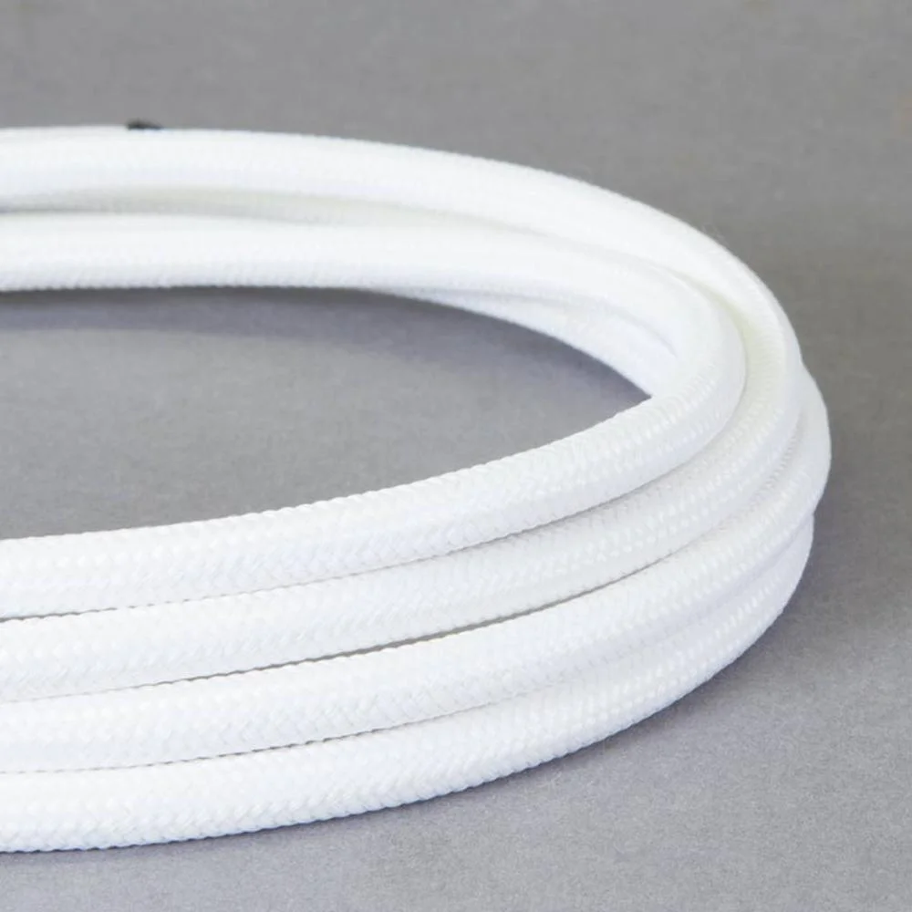 White 3‑core round lamp cable with braided fabric, 7mm diameter, flexible cloth‑covered design for pendant or table lamps.