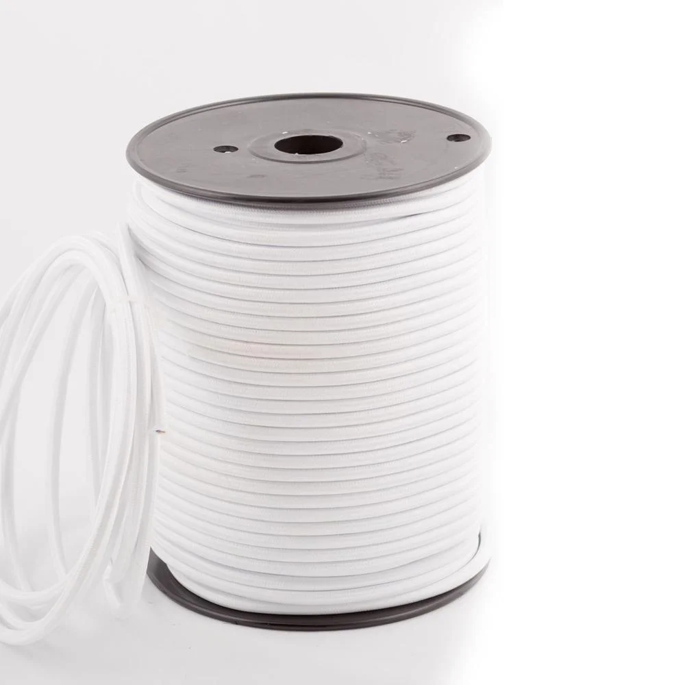 White cloth covered lamp cord with round braided fabric finish, 3 core, for pendant and table lamps.