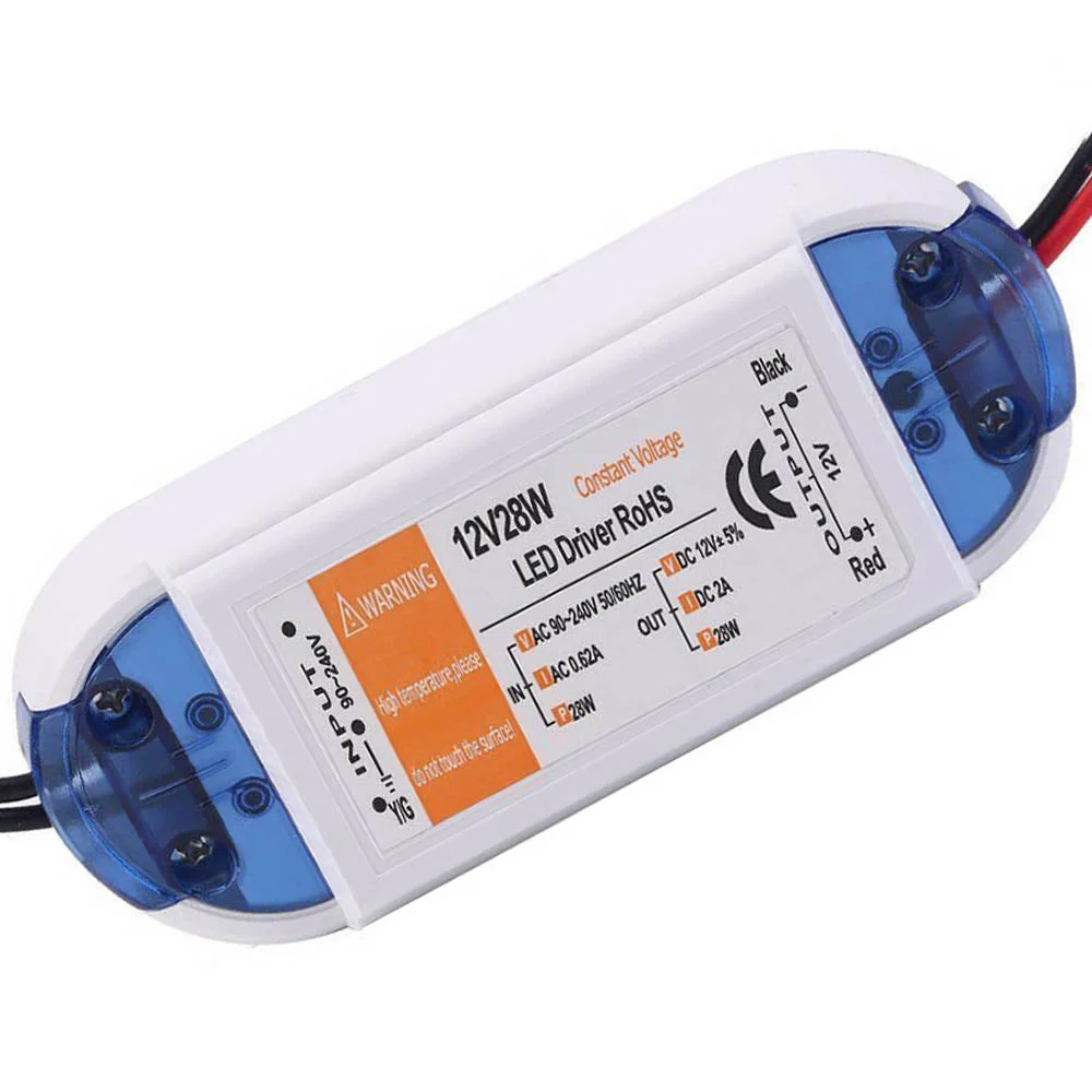 28W 12V LED driver transformer in compact plastic housing with mounting holes, rated for 2A output.