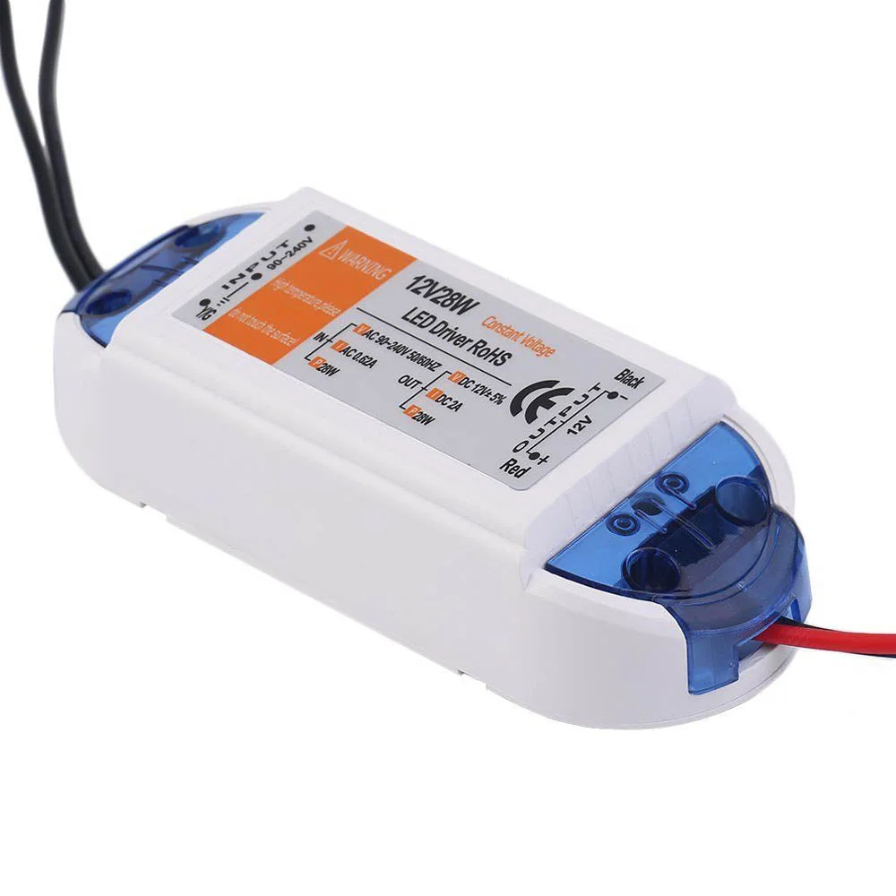 Compact LED power supply in plastic case with input AC connector and output 12V DC leads.