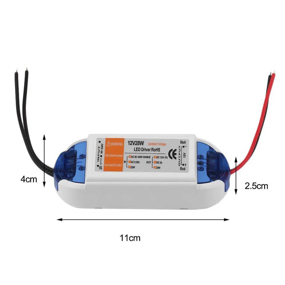 Compact 28W indoor LED driver in plastic enclosure, 12V DC output, labelled CE, dimensions 60mm long x 35mm wide