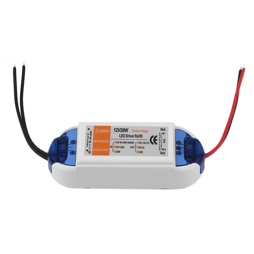 28W plastic LED driver, 12V output, 2A, CE certified, compact block showing side label and power terminals.