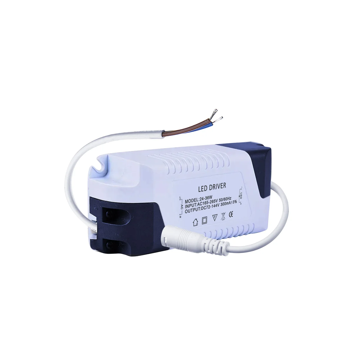 Compact LED driver transformer 24-36W, 300mA output, with visible input and output terminals.