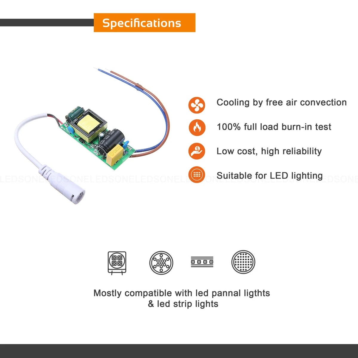 Compact plastic constant current LED driver 24‑36W, 300mA output, 72‑144V input, with CE and RoHS labels