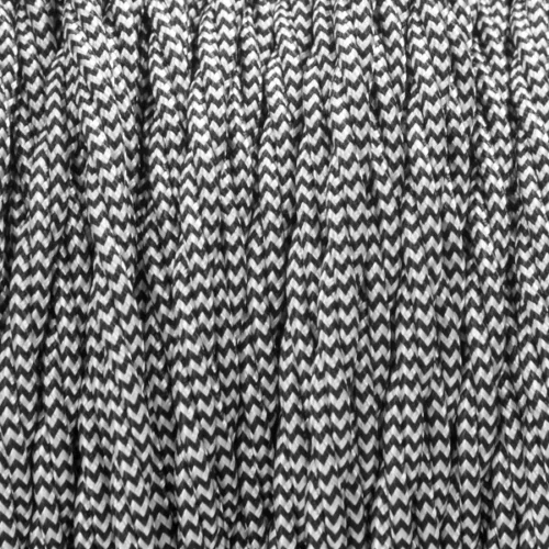 Black and white twisted vintage fabric cable with 0.75mm copper wires, PVC insulation, shown in a continuous roll.
