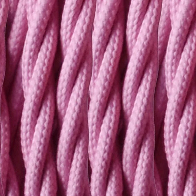 Pink 2‑core twisted electric cable, a vintage fabric cable showing flexible strands and copper cores.
