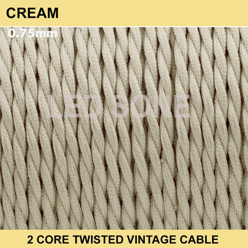 Cream vintage twisted electric cable, 2 cores, flexible fabric, 5mm diameter, for indoor lighting fixtures.
