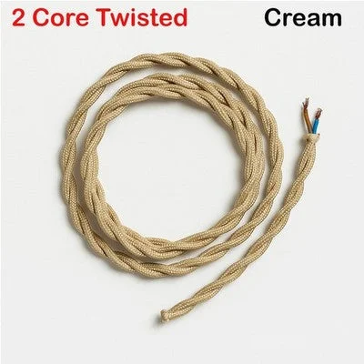 Cream‑twisted 2‑core indoor lighting cable, 5 m long, coiled with connectors, ready for pendant or table lamp use