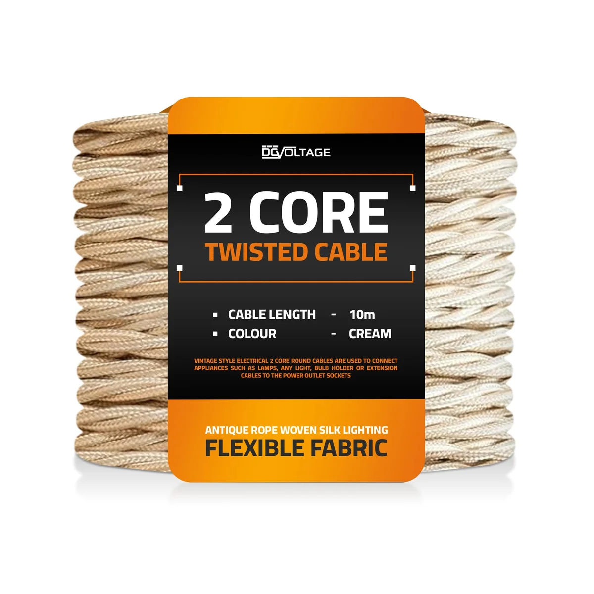 Vintage twisted electric cable in cream fabric, 2‑core flexible section displayed coiled, 5 m length.