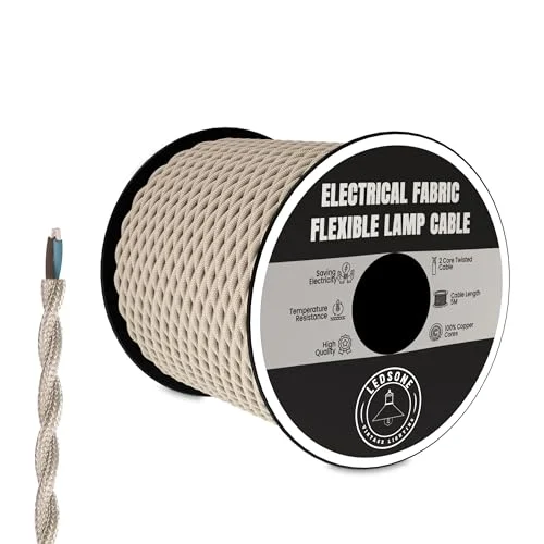 Vintage twisted electric cable wrapped in cream fabric, 2‑core, 5mm diameter, flexible and durable.