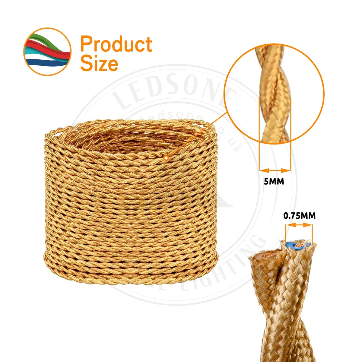 Two‑core twisted fabric cable, copper cores with woven PVC finish, 5 mm diameter—indoor lighting wire.