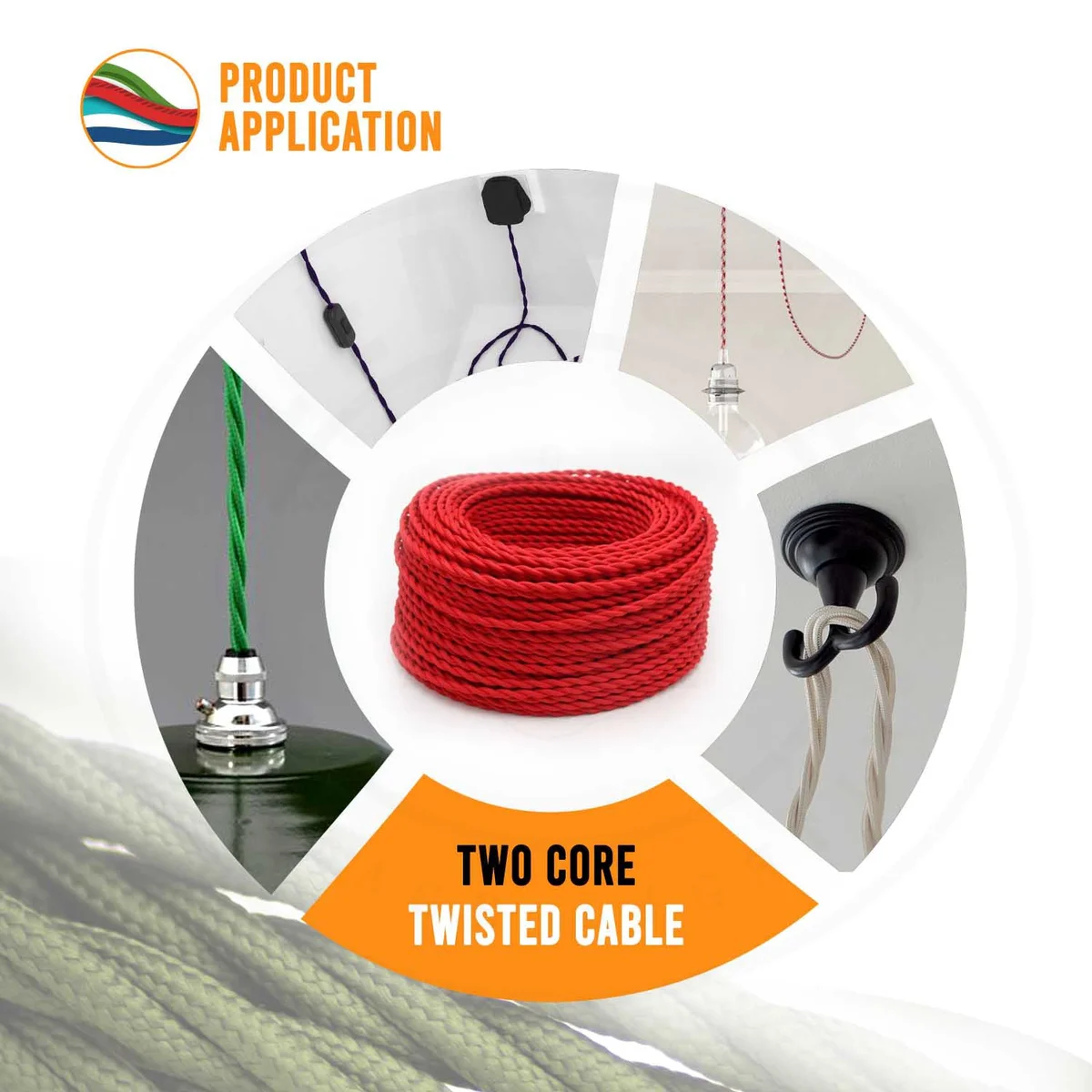 Double insulated cable: 2‑core twisted fabric with copper cores and PVC sheath, 5mm outer diameter, sold in long lengths.