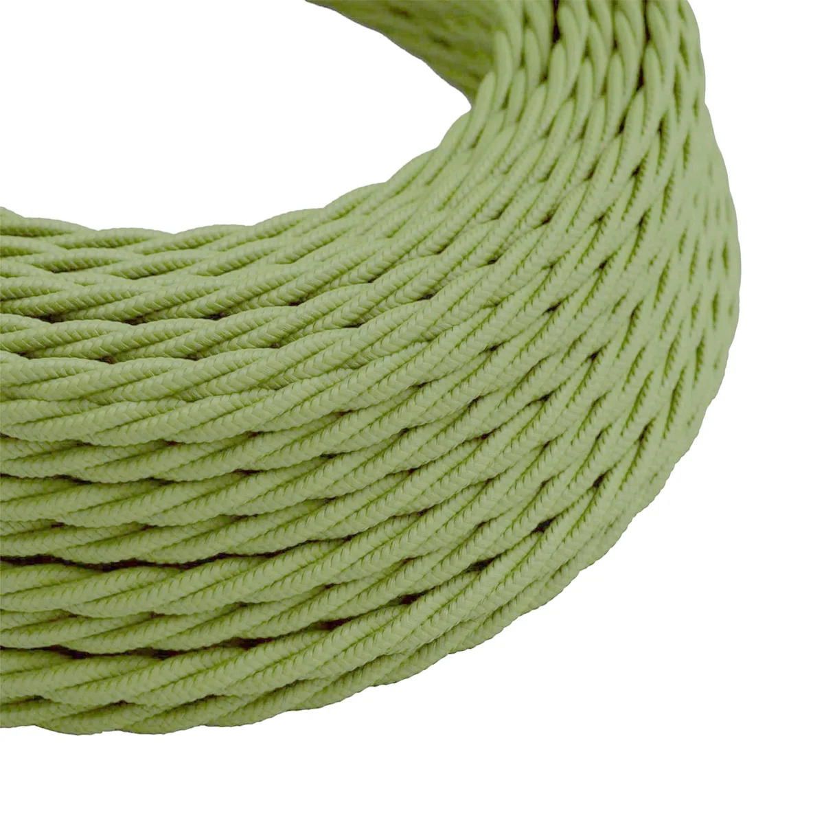 Twisted fabric lamp cord in army green cloth cover, 2‑core with PVC insulation for indoor lighting.