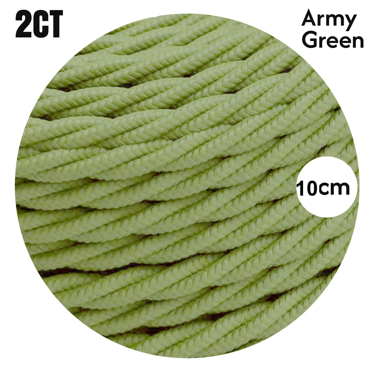 Army green lamp cable coiled length with twisted design, showing cloth-covered copper conductors, ready for installation