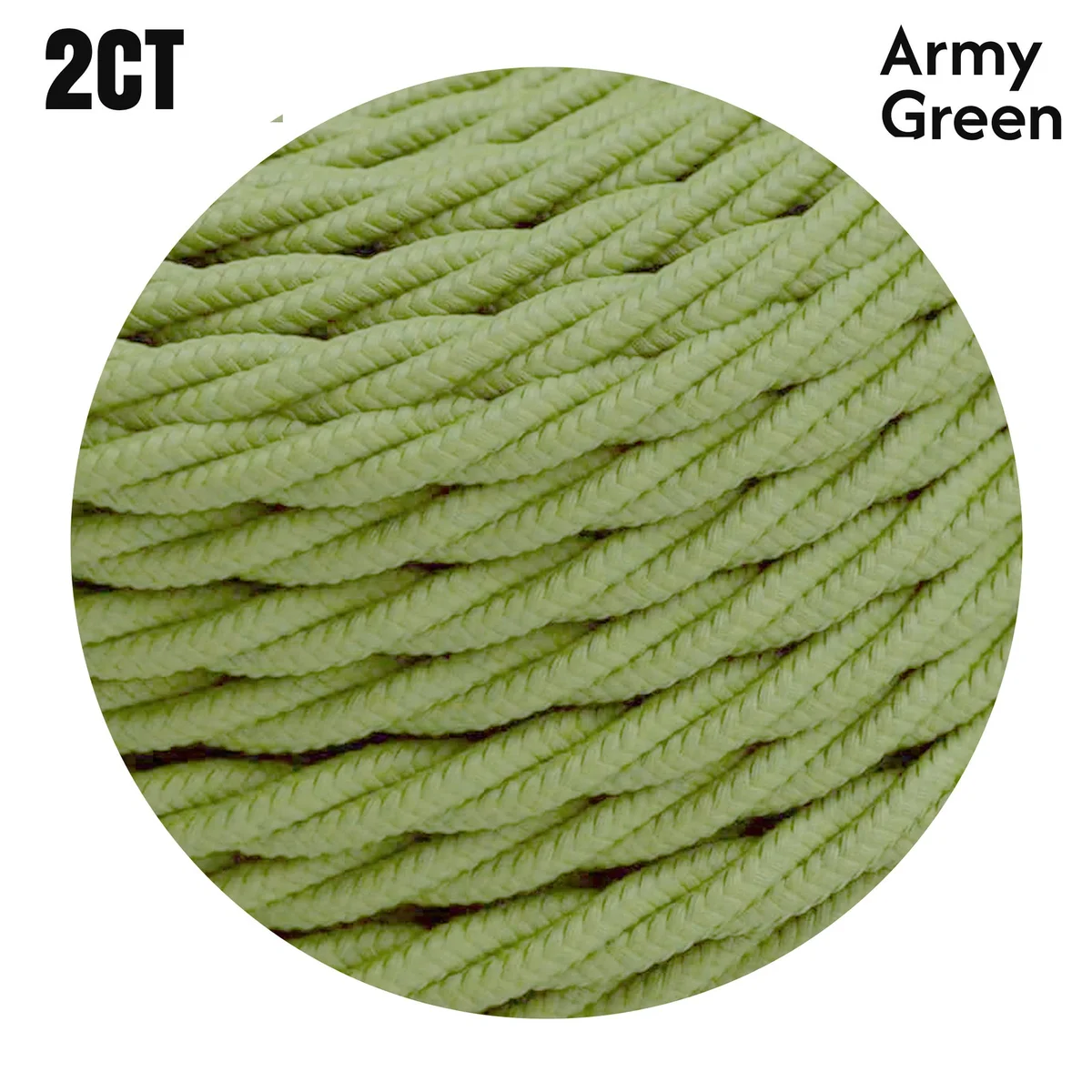 Army green cloth covered electrical cable with twisted design, showing flexible copper conductors and PVC insulation
