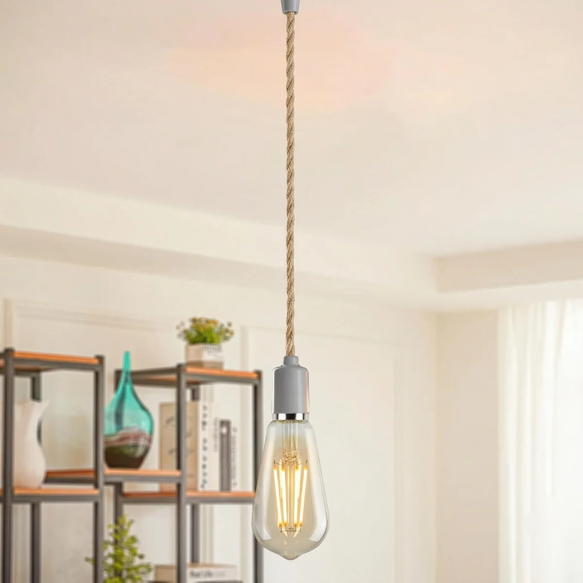 Beige‑yellowish hemp‑finished 2‑core round braided cable, PVC insulated with copper conductors, typical retro lighting flex