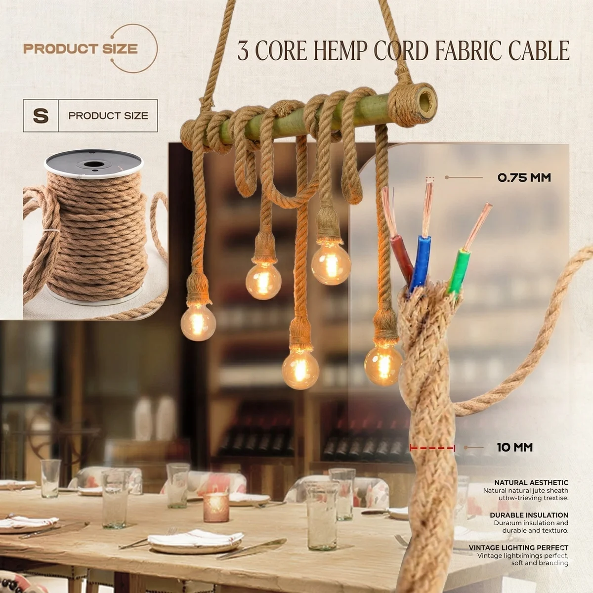 2 core fabric cable with hemp‑braided round jacket, copper conductors, 6mm diameter, 0.75mm² wires.