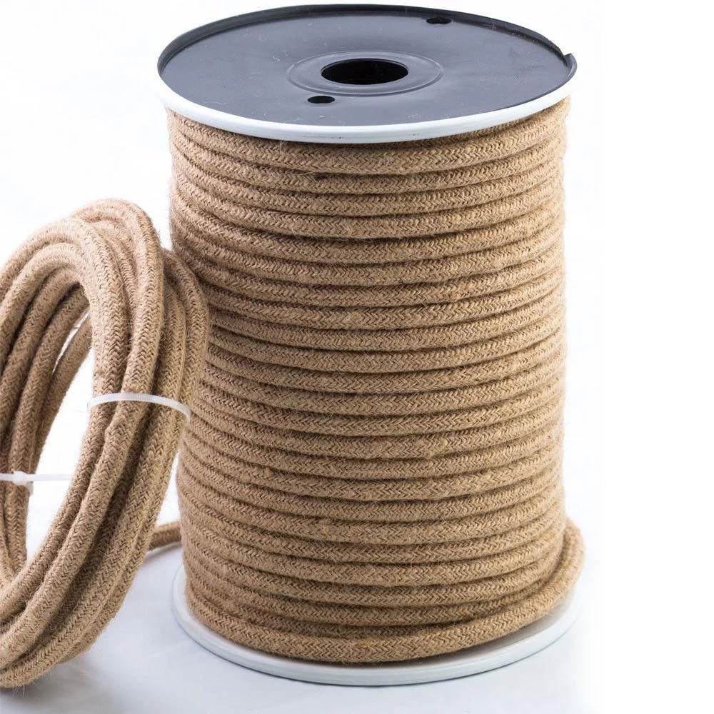 2 core fabric cable: round hemp‑braided cable with copper conductors, beige/yellowish, for vintage lighting.