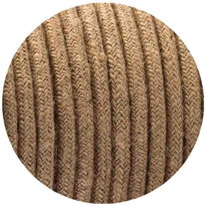 Rolled 2 core fabric cable in beige hemp‑braided round shape, 6mm diameter, shown on a white background.