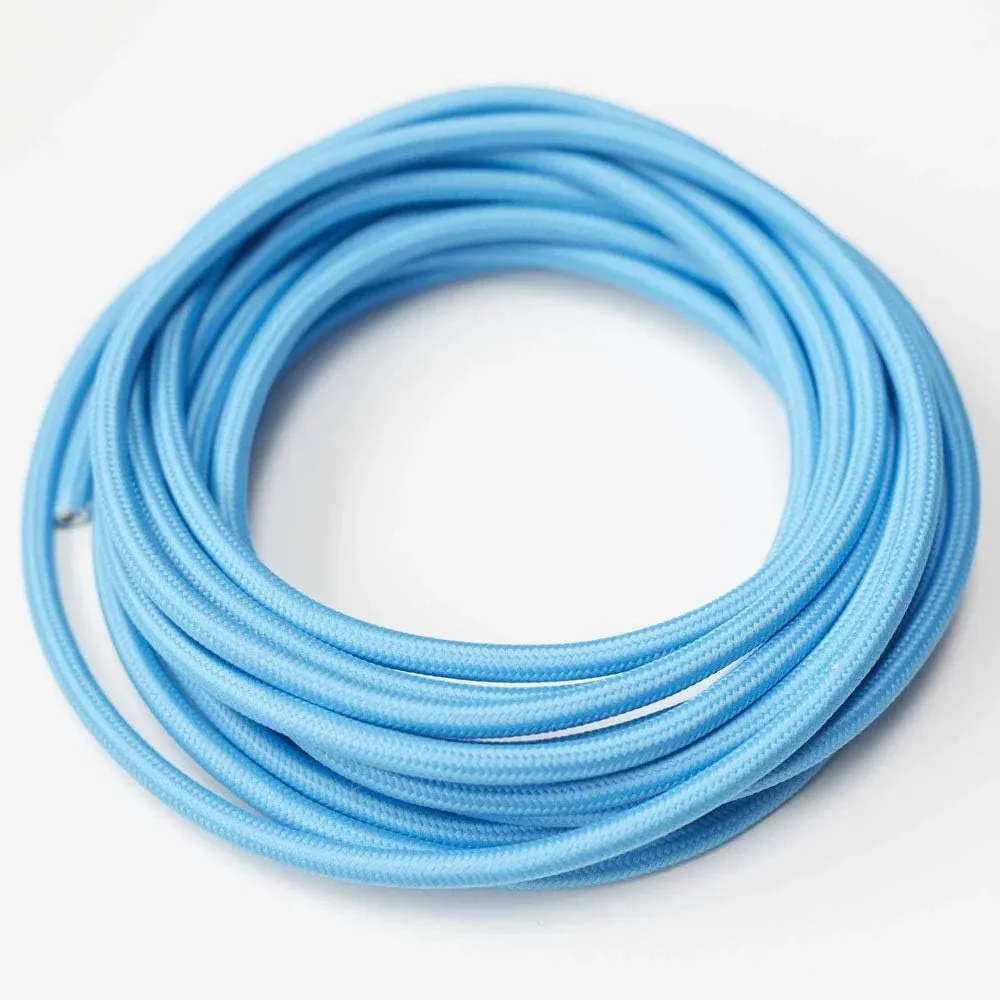 Flexible light blue fabric cable showing 2 core electric wire, 6mm diameter, ready for indoor 240V use