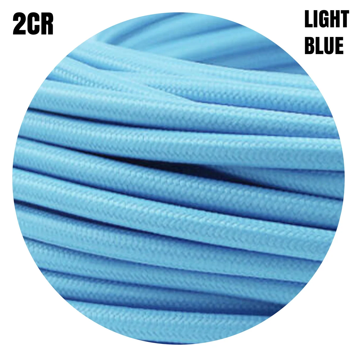 Vintage light blue fabric lighting cable, round braided cable with 2 cores, 6mm diameter, 240V, 8A, shown in continuous length.
