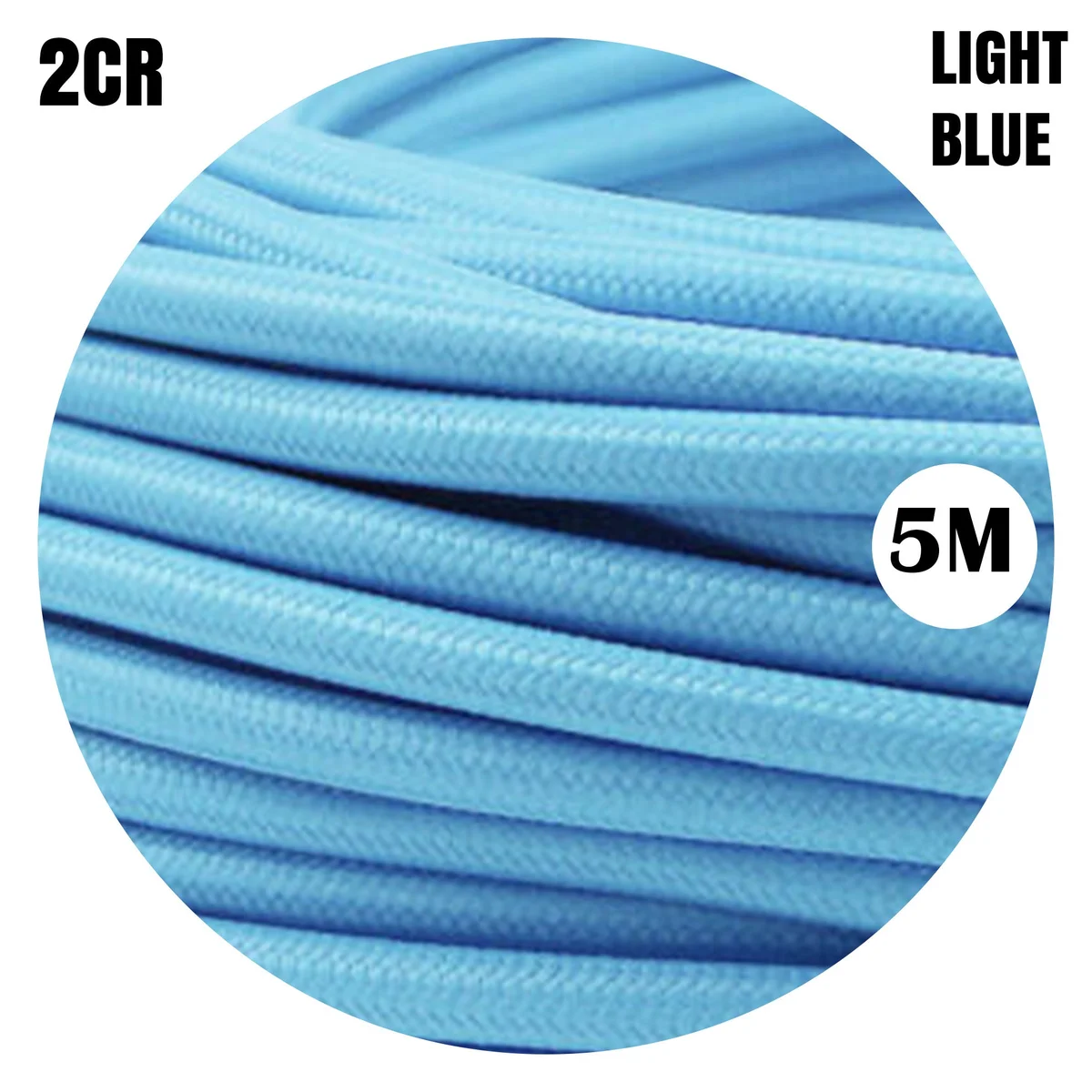 Light blue fabric lighting cable, 6mm round braided cloth wrap, showing flexible two‑core electric cable.