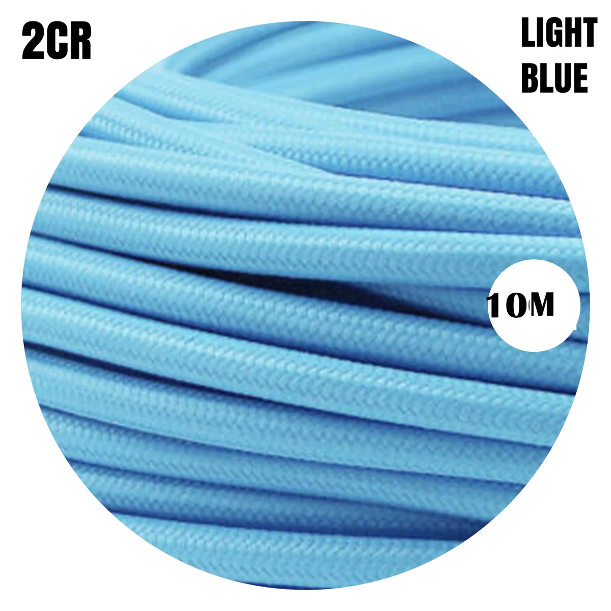 Light blue vintage fabric lighting cable covered in high‑quality Italian braided material, 6 mm diameter, coiled horizontal.