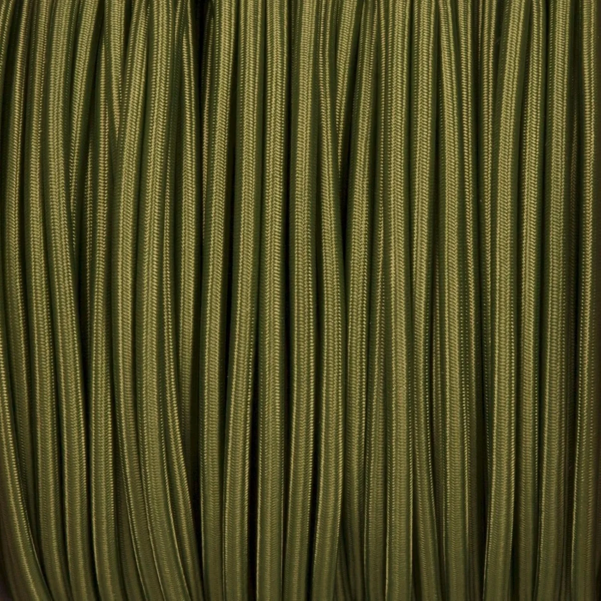 Round army green fabric cable with braided cloth covering, showing exposed copper conductors wrapped in PVC insulation.