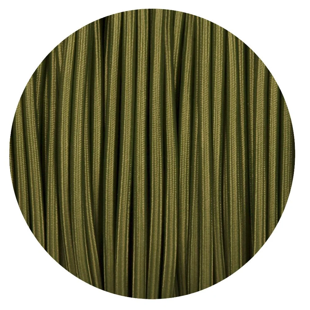 vintage fabric cable in army green, 2-core round cable showing braided fabric and copper conductors.
