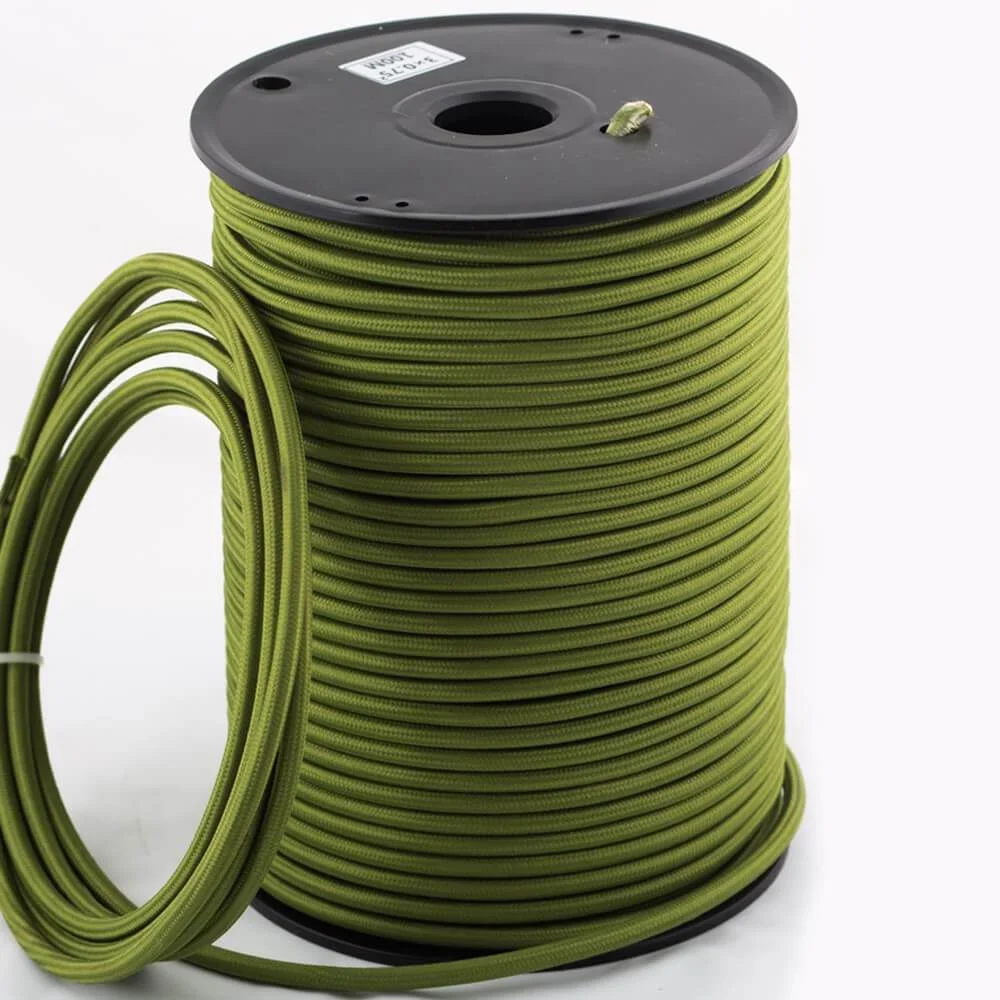 Army green 2‑core braided fabric electrical cord showing round cable with soft touch fabric, copper conductors, PVC insulation